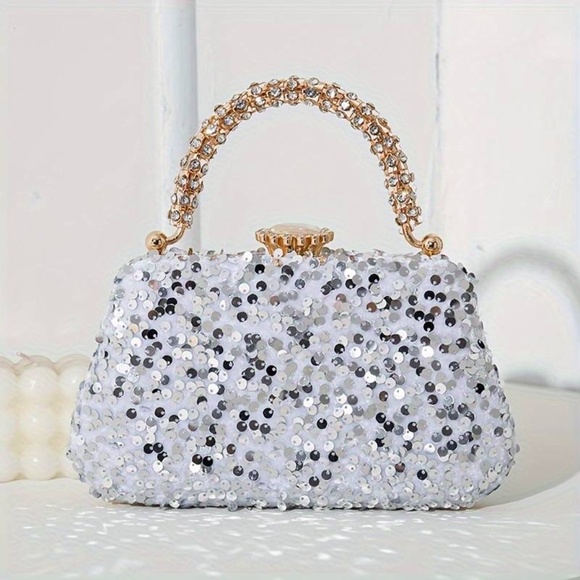 #B006   White CocktailChic LuxuryVibes Sequin Evening Bag Rhinestone Handle - Picture 1 of 1